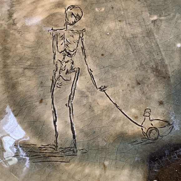 Hand Made Pottery Bowl "A Skeleton is Pulling a Toy Duck" by Hobaica '09 - Picture 2 of 5